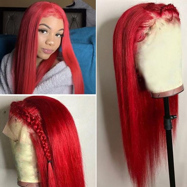 

lace wigs red color human hair straight 180 density front with transparent bleached knots, Black;brown