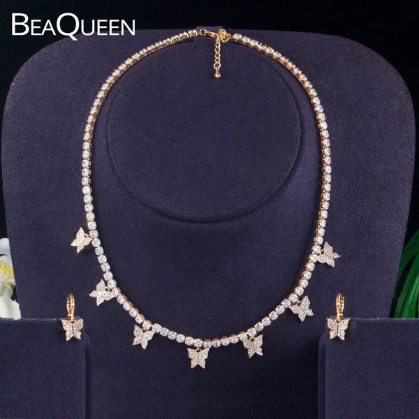 

beaqueen delicate 585 gold butterfly hanging drop earrings choker necklace cubic zirconia charms jewelry sets for women js262, Silver