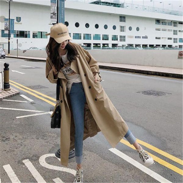 

spring khaki trench coat women long coat 2020 fall korean temperament loose trench double breasted long sleeve windbreaker1, Tan;black