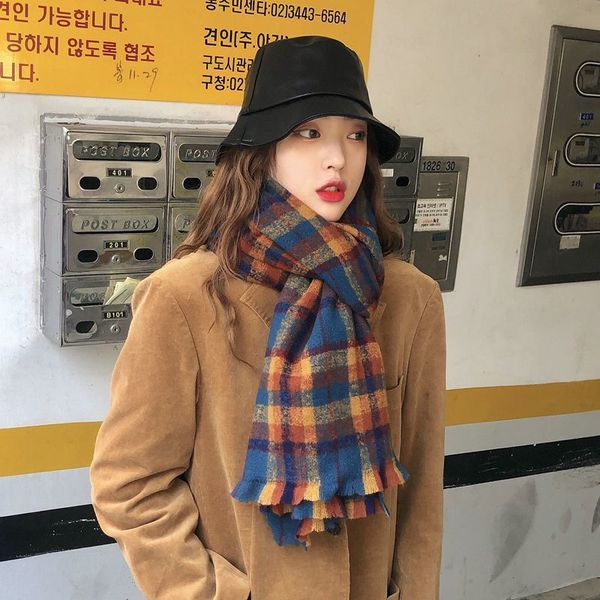 

scarf girl winter small fresh korean plaid cashmere thickened long versatile student neck, Blue;gray