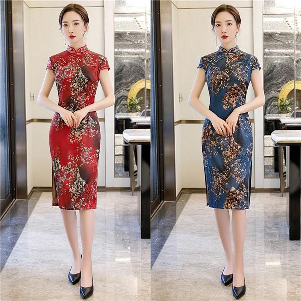 

ethnic clothing short sleeve knee-length qipao chinese dress faux silk floral print cheongsam party for women oversize 5xl1, Red