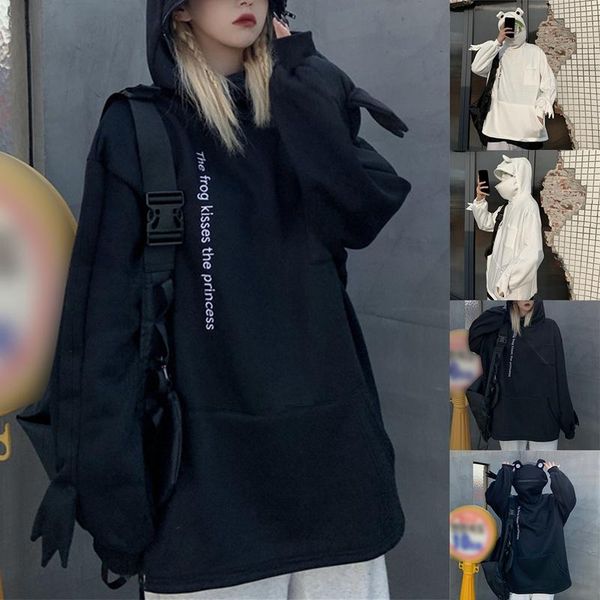 

women's hoodies & sweatshirts female frog design sense hooded casual plus velvet jacket autumn all-match sweater, Black