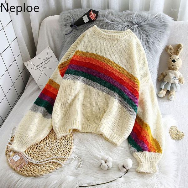 

neploe rainbow striped sweater korean women clothes oversized o-neck long sleeve knitted pullovers fall sueter coat outwear1, White;black
