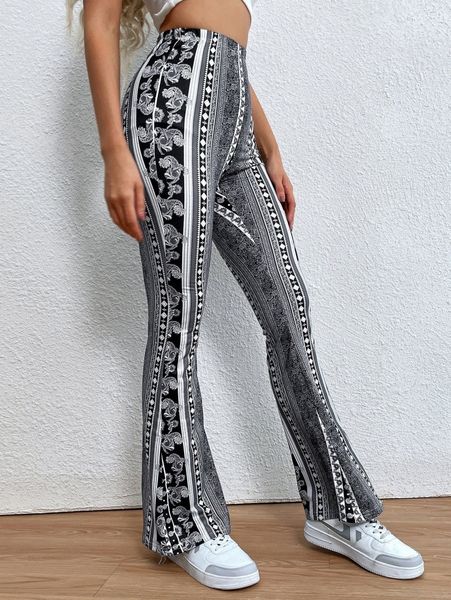 

striped & floral print flare leg pants e0dq#, Black;white