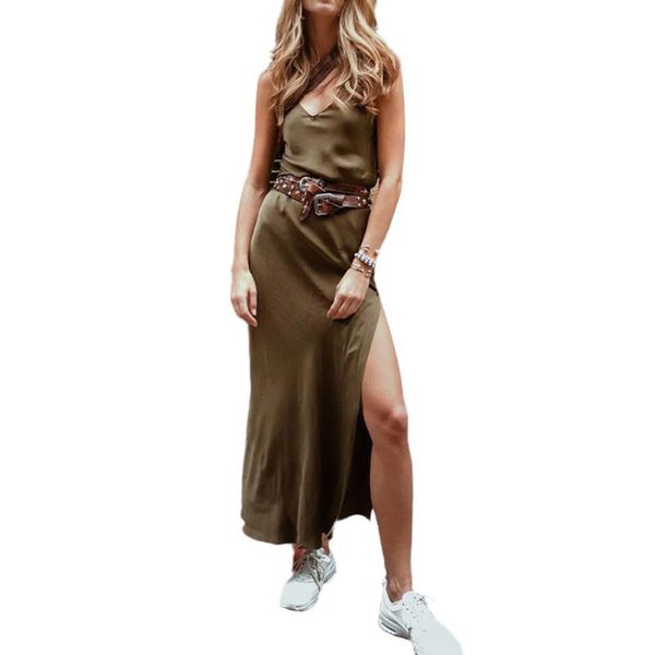 

women v-neck backless split dress fashion sleeveless solid color dress for ladies, Black;gray