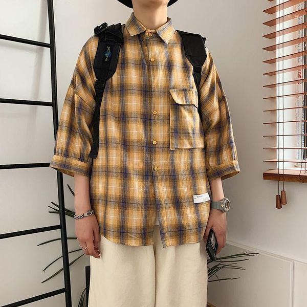 

2020 spring and summer new youth popular men's loose lattice 3/4 sleeve shirt fashion casual single-breasted shirt -2xl1, White;black