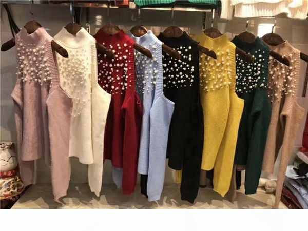 

alphalmoda beaded strapless off-shoulder sweater women winter pullovers solid color fashion jumpers s18100803, White;black