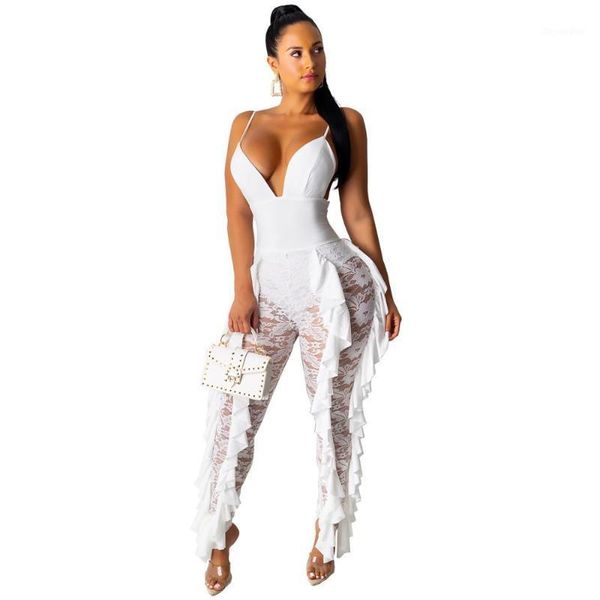 

zoctuo 2020 summer autumn rompers womens lace stitching jumpsuit printed halter high waist club overalls bodysuits1, Black;white