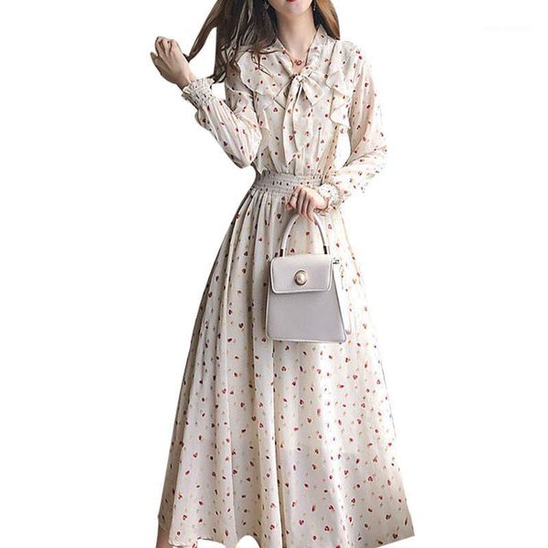 

casual dresses women's spring autumn style chiffon dress long sleeve bow v-neck printed sweet 33091, Black;gray