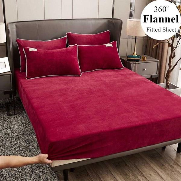 

wostar winter warm solid flannel elastic band fitted sheet mattress cover super soft queen king size bed sheet and cases
