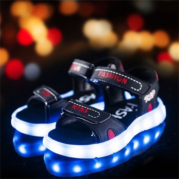 

summer children's led girls waterproof usb charged night flash lighting boys'colorful belt light sandals y201028, Black;red