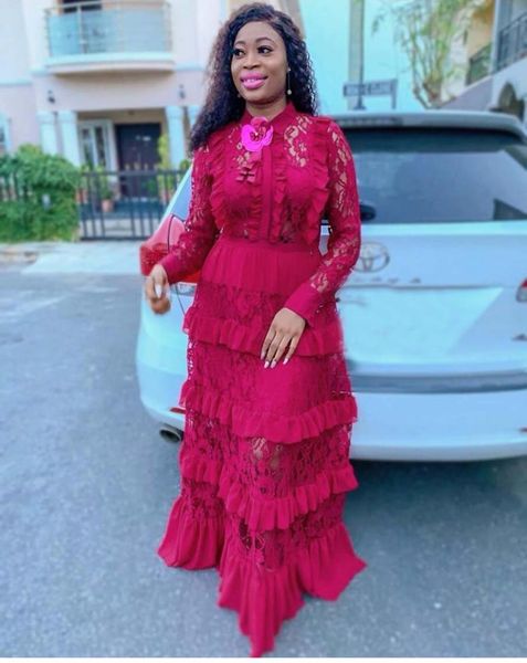

2020 new elegent fashion style african women plus size lace long dress l-xxl, Red