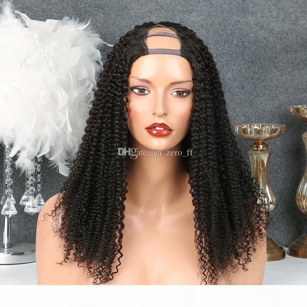 

kinky curly human hair u part wig 150 density brazilian remy natural black color 2*4 openning middle part wig with baby hair, Black;brown