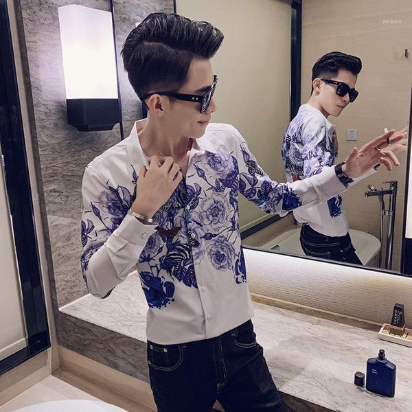

fashion 2020 floral shirt men autumn new long sleeve mens casual shirts streetwear slim fit night club tuxedo shirt dress 3xl-m1, White;black