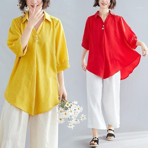 

2020 summer plus size cotton and linen shirt women's solid color irregular lantern sleeves white blouse office dames shirt z2401