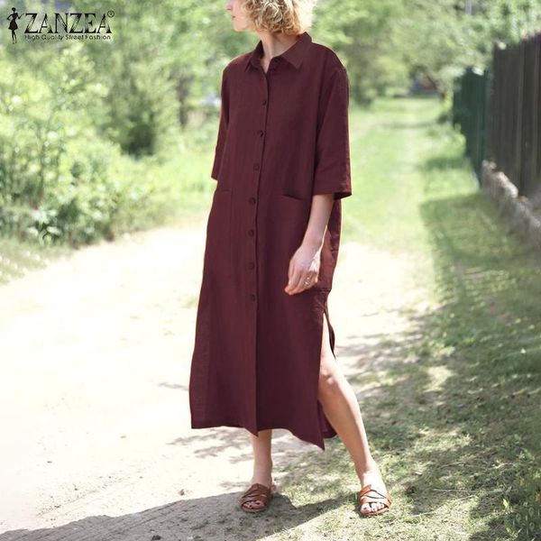 

casual lapel neck half sleeve shirt zanzea 2020 fashion women summer blouse cotton blusas female solid long tunic chemise, White