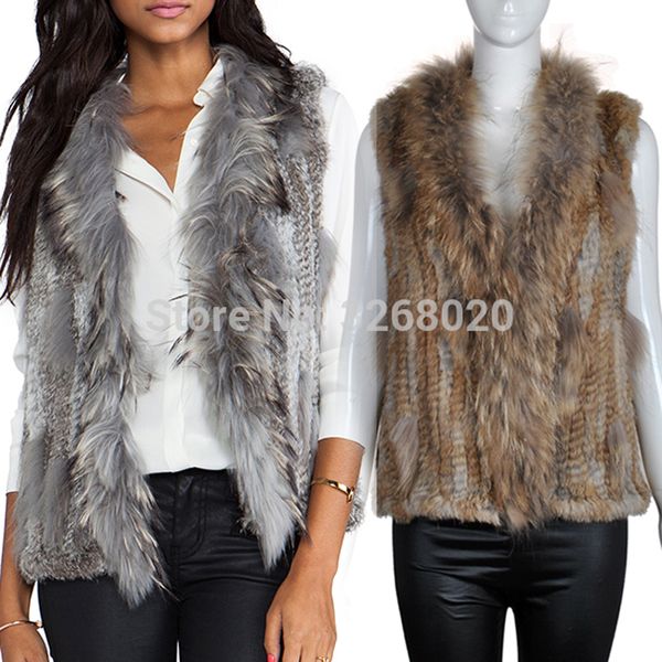 

new real classical knitted rabbit fur vest gilet with raccoon fur collar lady wholesale vest 201103, Black