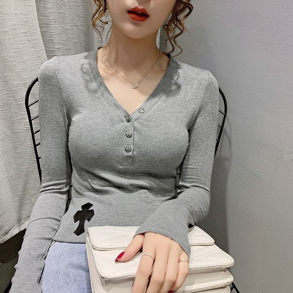 

c07sf 2020 underneath european women's button v-neck bottomed shirtbutton shirtshirt long sleeve t-shirt with tight autumn new i, White
