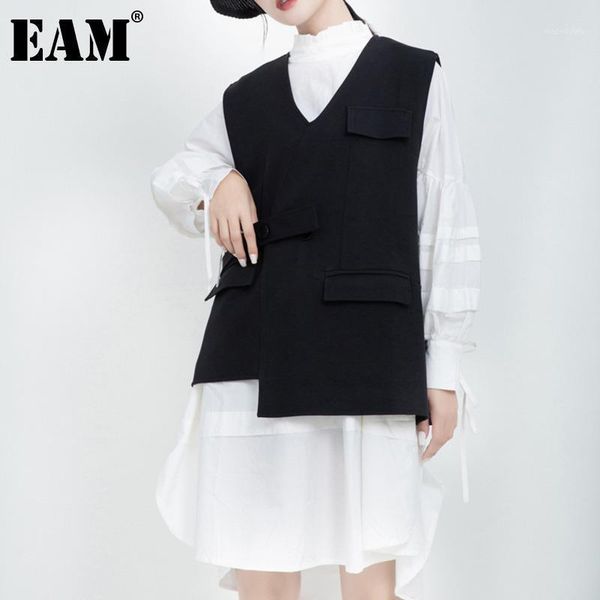 

eam] women loose fit black brief temperament irregular vest new v-collar sleeveless fashion tide spring autumn 2020 1da6751, Black;white