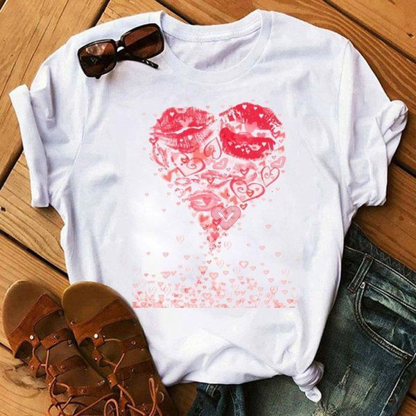 

lips heart print t-shirt new fashion women t shirt harajuku t-shirt female short sleeve casual tee shirt kiss love t-shirt, White
