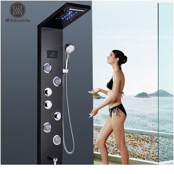 

led light shower panel waterfall rain shower faucet set spa massage jet bath shower column mixer t wmtfnz