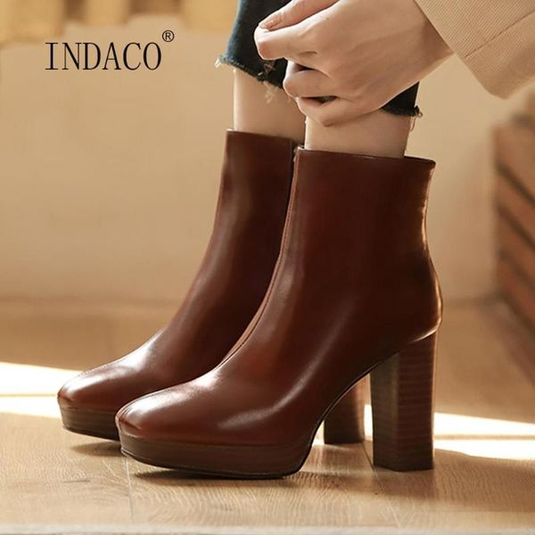 

2021 new women winter boots leather platform high heels boots square toe ankle for women side zipper warm shoes female, Black