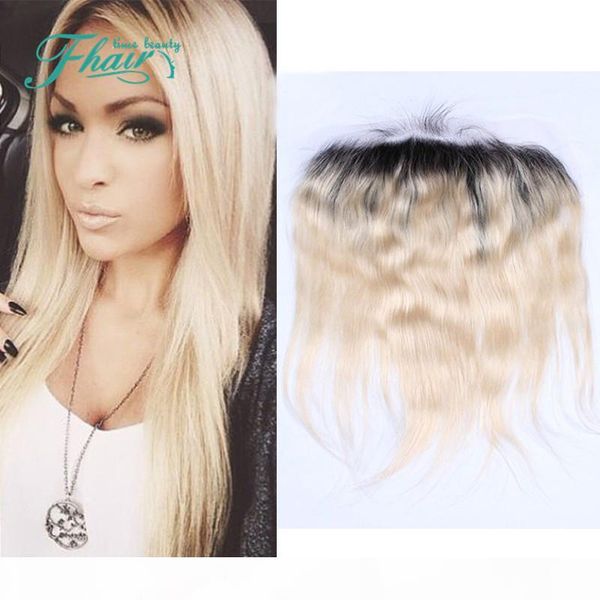 

peruvian silky straight ombre lace frontal closure 13x4 bleached knots two tone #1b 613 blonde ombre full lace frontal pieces, Black;brown