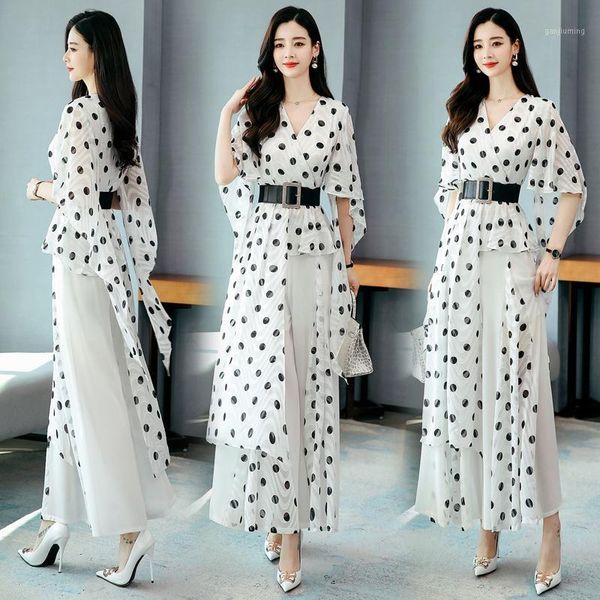 

2020 spring summer two pieces suits women short sleeve dot blouse shirt and wide leg pants trousers lady 2 piece sets1, White
