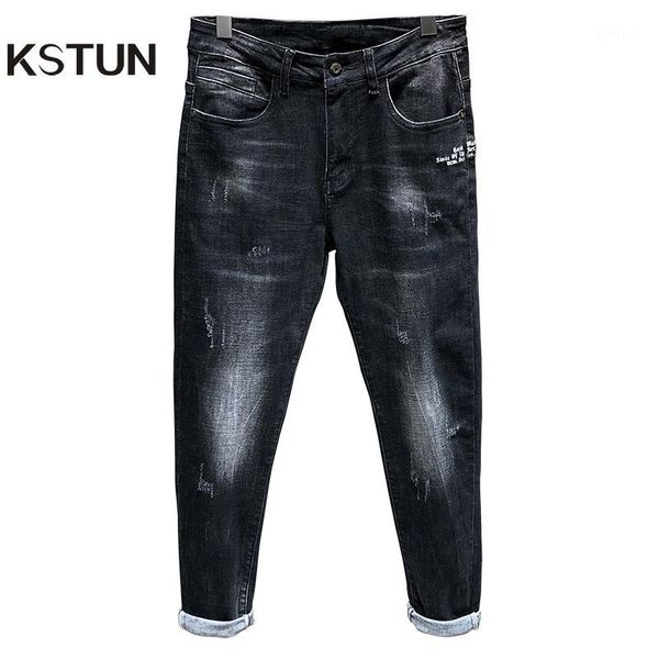 

mens jeans skinny dark gray spring and autumn high stretch fashion letters desingers washed yong man trousers casual denim pants1, Blue