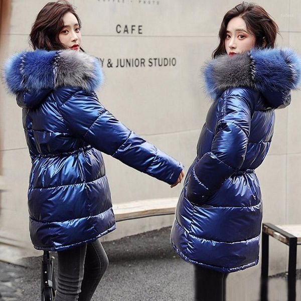 

fashion bubble coat winter big fur collar glossy long jacket winter waterproof female puffer jacket parkas mujer 2020 new1, Black