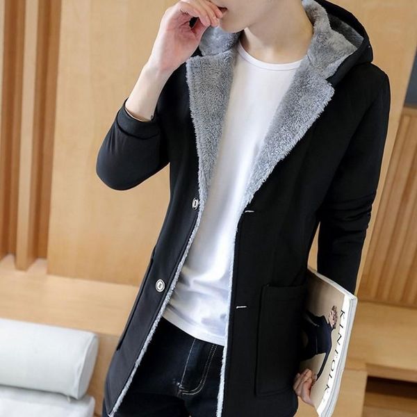 

brand new winter mens fleece linning hooded trench coats fashion casual single breasted medium length male slim fit warm jackets, Black;brown