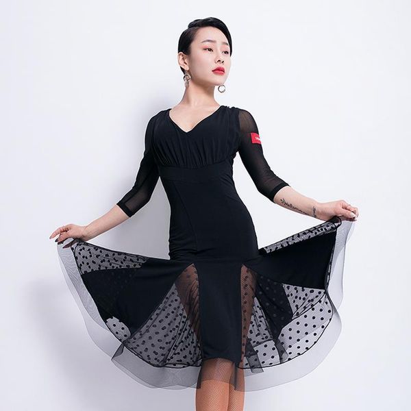 

stage wear latin dance clothes for women black mesh costumes competition dress rumba/tango/samba dancewear vo6471, Black;red