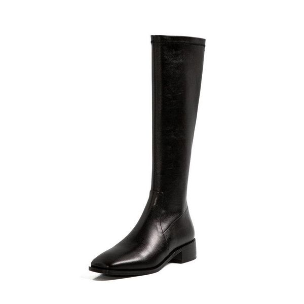 

side zipper knee high boots for women square toe winter genuine leather shoes woman working tight high boots, Black