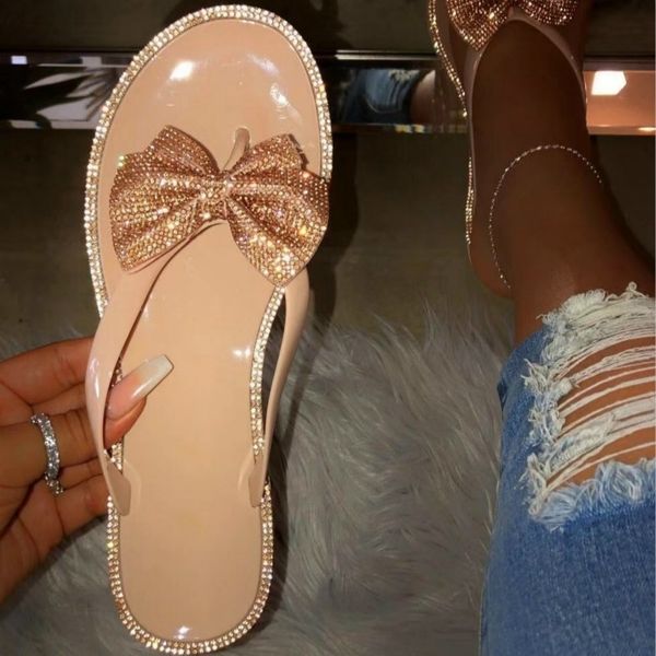 

new women bow flip-flops flash drilling sequins slippers beach flats rain jelly house shoes woman slides zapatos de mujer y200624, Black