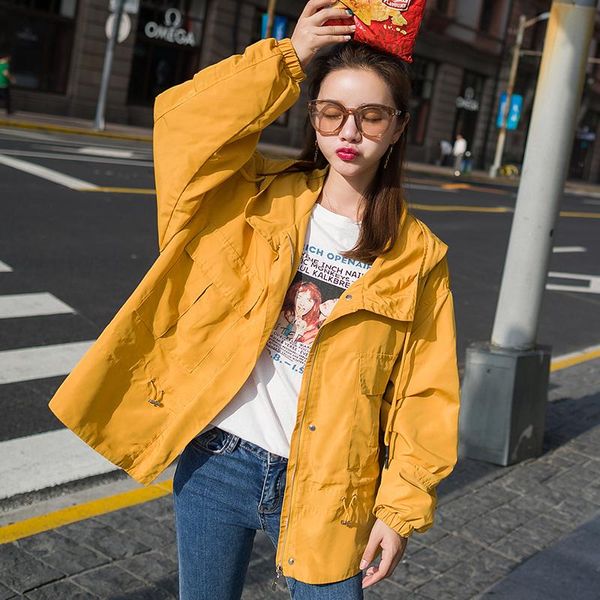 

women's trench coats nice spring clothing the tide hooded medium and long section thin leisure windbreaker coat women fall, Tan;black