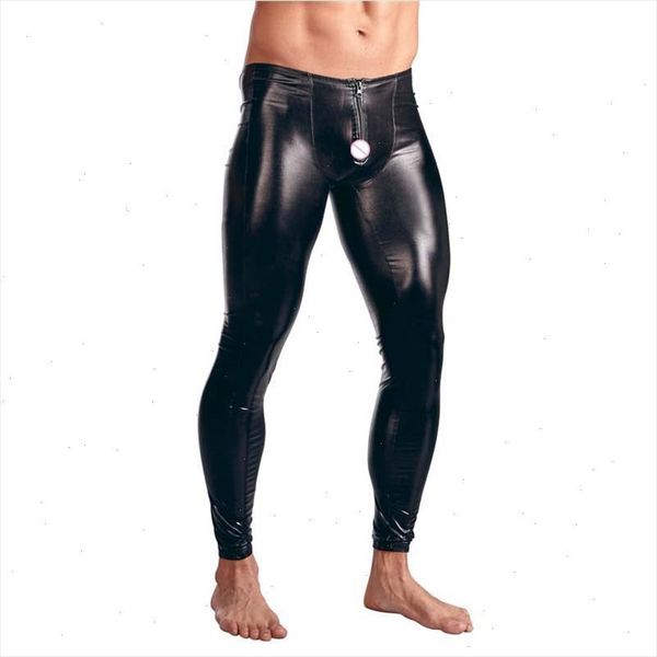 

mens black faux patent leather pants nightclub stage skinny performance pants stretch leggings men bodywear trousers