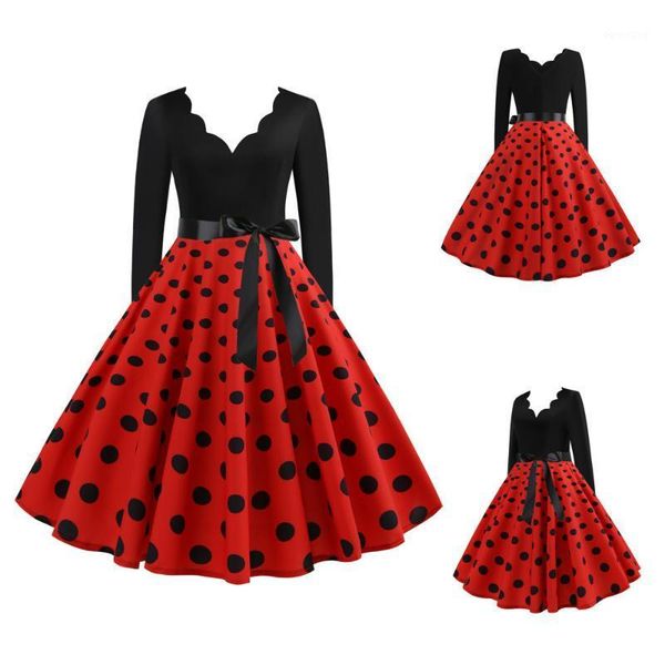 

plus size robe women winter dresses long sleeve v neck vintage polka dot print christmas party rockabilly dress 50s 60s vestidos1, Black;gray