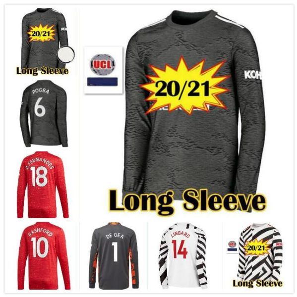 

2020 2021 manchester long sleeve soccer jerseys fernandes cavani lingard rashford pogba customize football united utd 20 21 home away shirt, Black;yellow