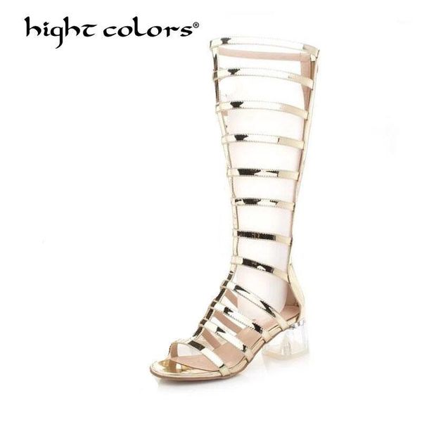 

hight colors brand gladiator roman gold open toe chunky high heel boots knee summer metallic patent leather shoes women ms-32531, Black