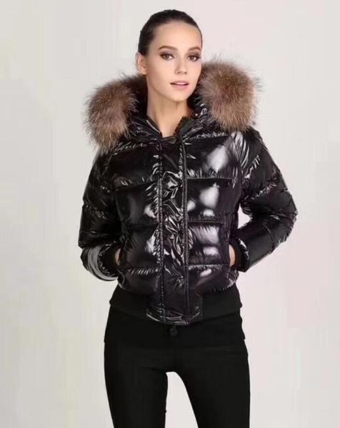 

Fashion Women Designers The Glossy Down Jacket Winter Women Dress Down Coat Real Raccoon Fur Coat Detachable Collar Hood Parkas Doudoune, Black
