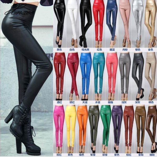 

2020 thicken winter pu leather women pants high waist elastic fleece stretch slim woman pencil pants skinny trousers 25 colors1, Black;white
