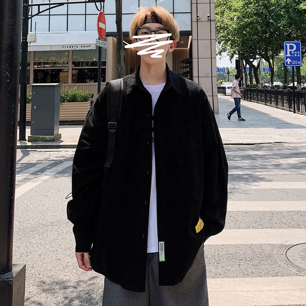 

2021 spring new fashion brand clothing korean version student loose long sleeve men's label tooling shirt, White;black