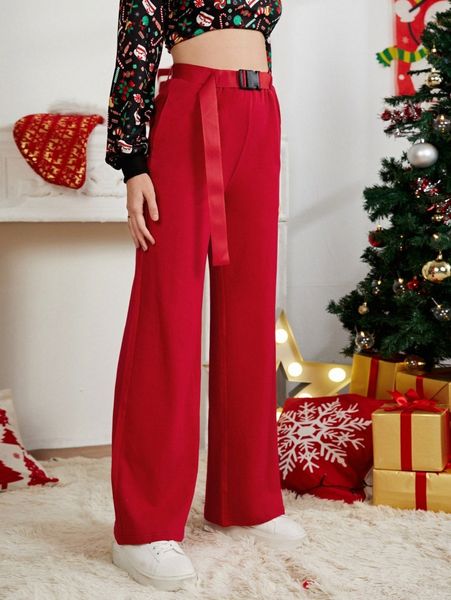 

push buckle belted wide leg pants j61m#, Black;white