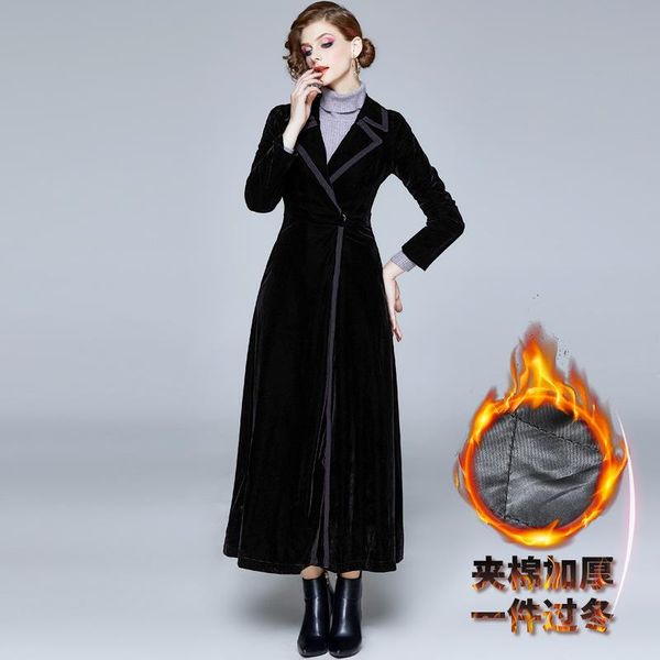 

women's trench coats [thickened and cotton] style autumn winter windbreaker coat, medium length suit collar, warm velvet coat, Tan;black