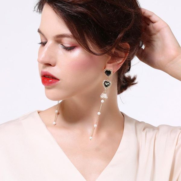 

2020 new elegant black/champagne/red crystal love heart tassel earrings for women fashion jewelry long pendent jewelry, Silver
