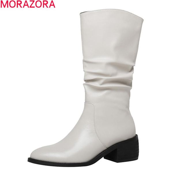 

boots morazora 2021 genuine leather square heels pointed toe fashion ladies shoes pleated winter mid calf, Black