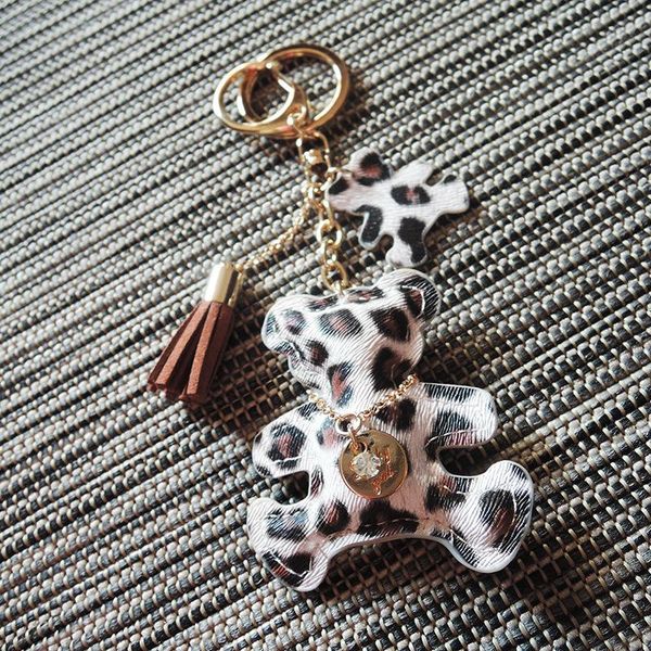 Leopardo urso de pelúcia chaveiro chaveiros pu tassel de couro borla animal saco de pingente encantos chaveiros bonitinho moda carro chaveiros acessórios de jóias