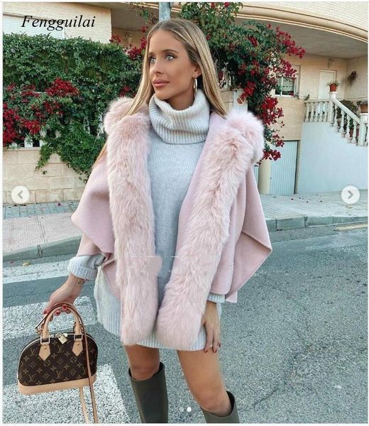 

women's long wool coat luxury detachable fluffy fur collar fake fur winter spring warm jacket, Black