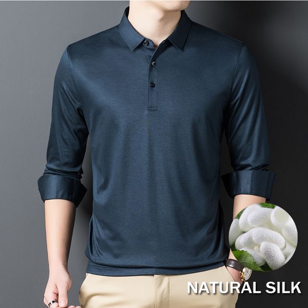 

2021 new 45.8% lyocell fiber 8.5% silk long sleeve shirt high-quality men mark polo wear breathable polos fine fit zgzf, White;black