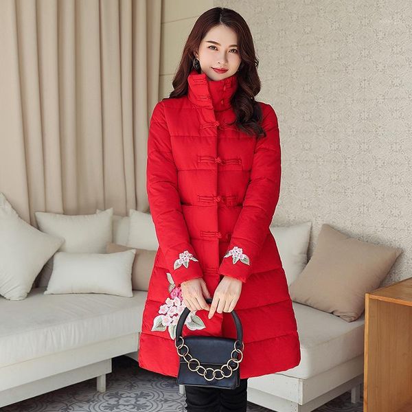 

chinese style winter jacket women parkas coat stand collar embroidered single breasted thick warm women's winter jacket m-xxxl1, Black